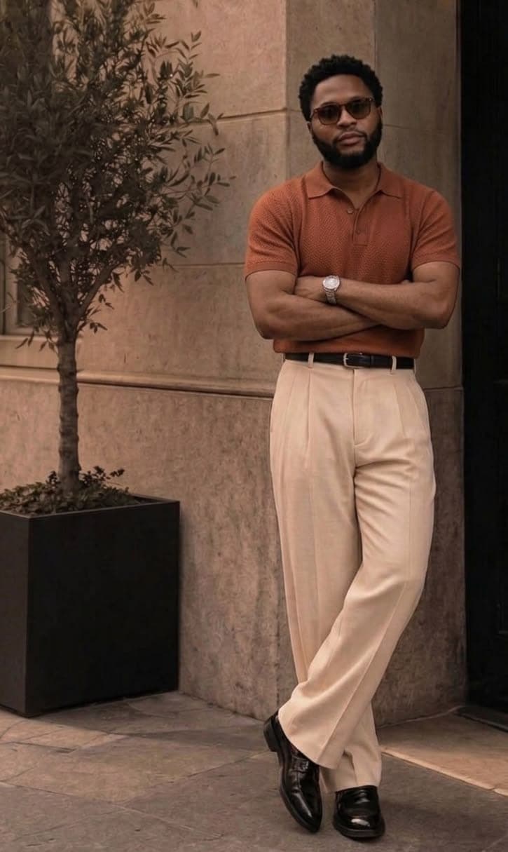 Polo en maille texturée coloris argile avec pantalon à pinces crème